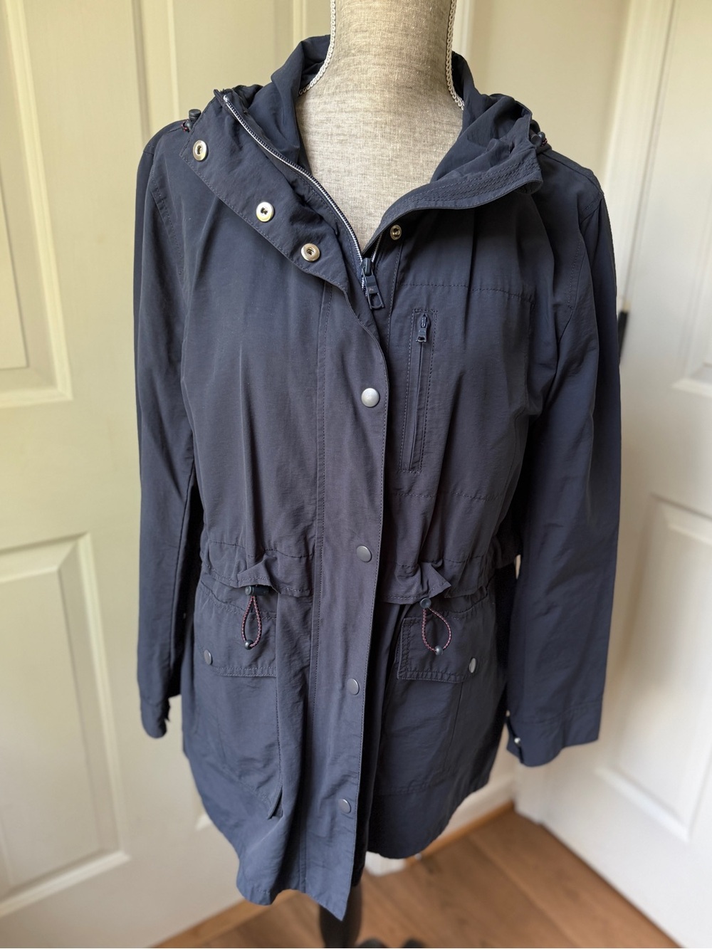 J. CREW Women's Navy Blue Perfect Lightweight Jacket Lg H8701 Hooded Zip Coat